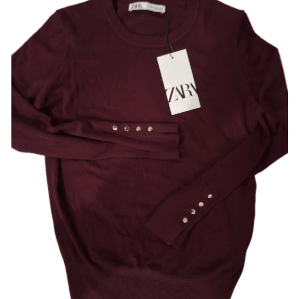 Zara Women's Deep Burgundy Crew Neck Sweater